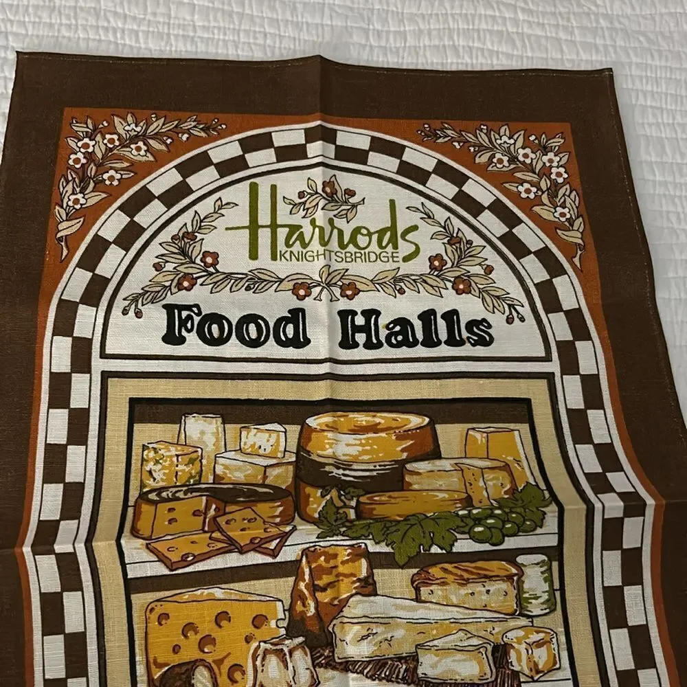 Vintage Harrods food Halls 1960s cheese tea towel Size 18 1/2” x 30”